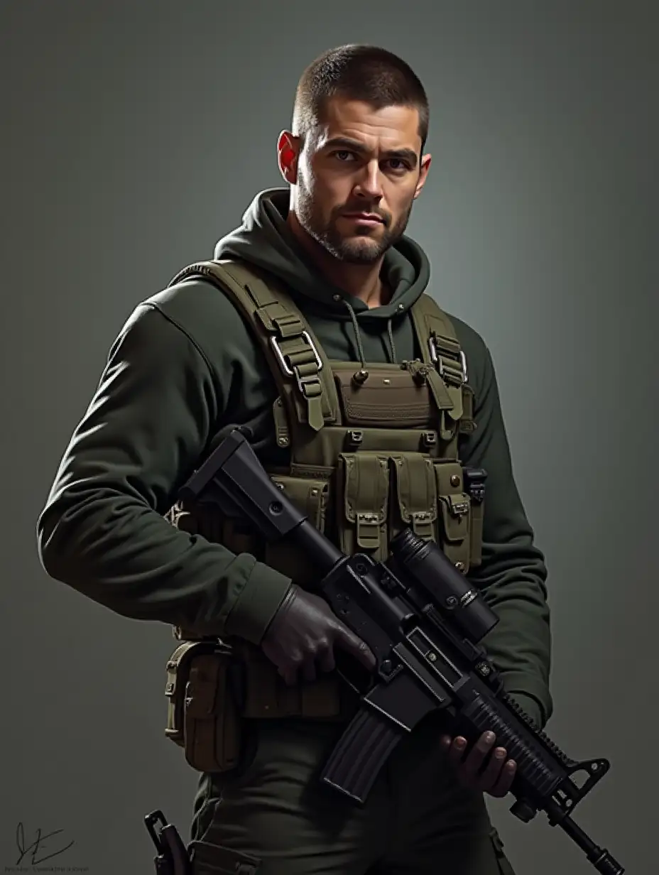 Create a realistic image of a strong male, a call of duty player