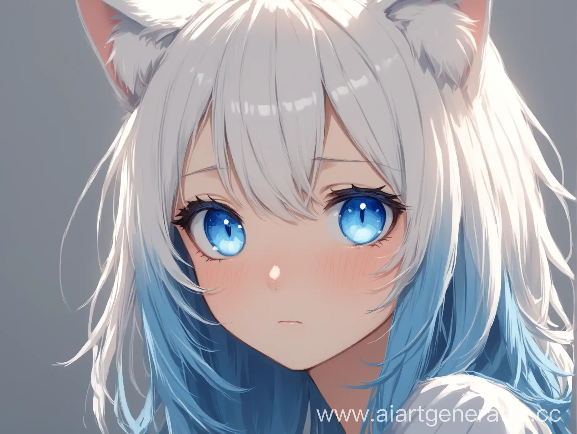 Girl-with-Cat-Ears-Blue-and-White-Hair-Blushing-and-Coy