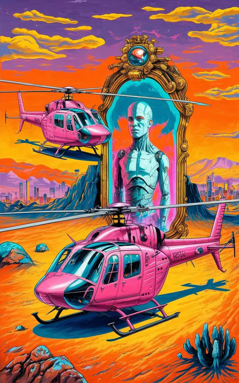 Psychedelic Desert Scene with Pink Helicopters and Human Robot Mirror