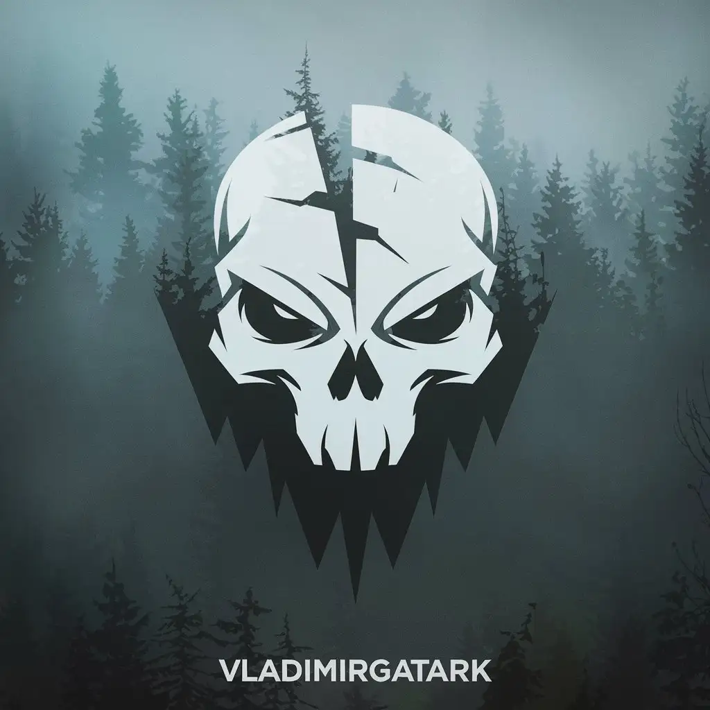 LOGO Design for VLADIMIRGATARK Creepy Split Skull in Foggy Forest with Minimalistic Style