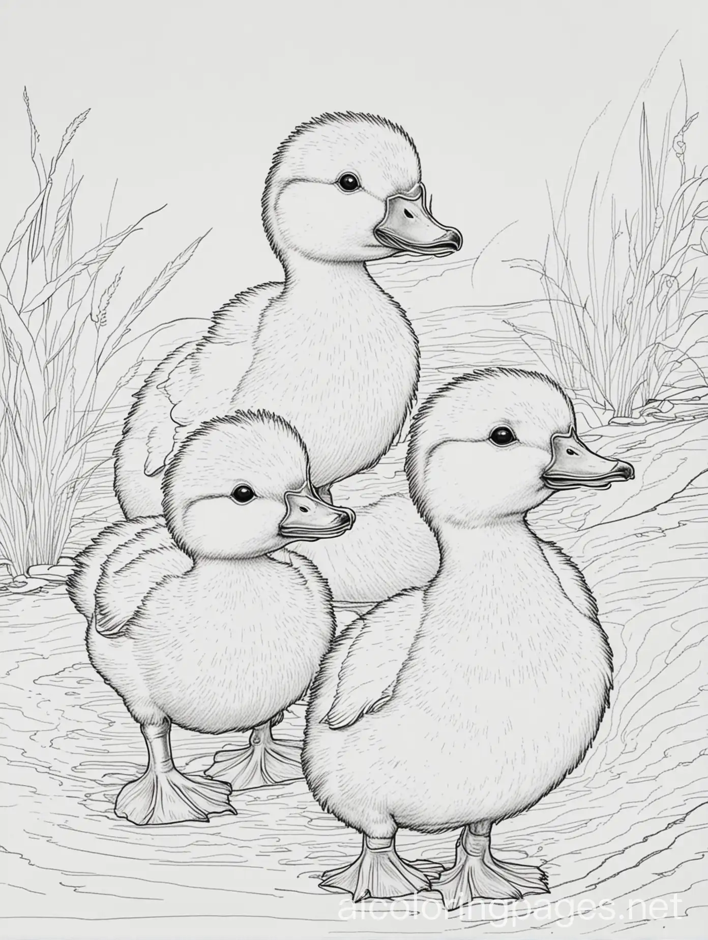 Happy ducklings , Coloring Page, black and white, line art, white background, Simplicity, Ample White Space. The background of the coloring page is plain white to make it easy for young children to color within the lines. The outlines of all the subjects are easy to distinguish, making it simple for kids to color without too much difficulty