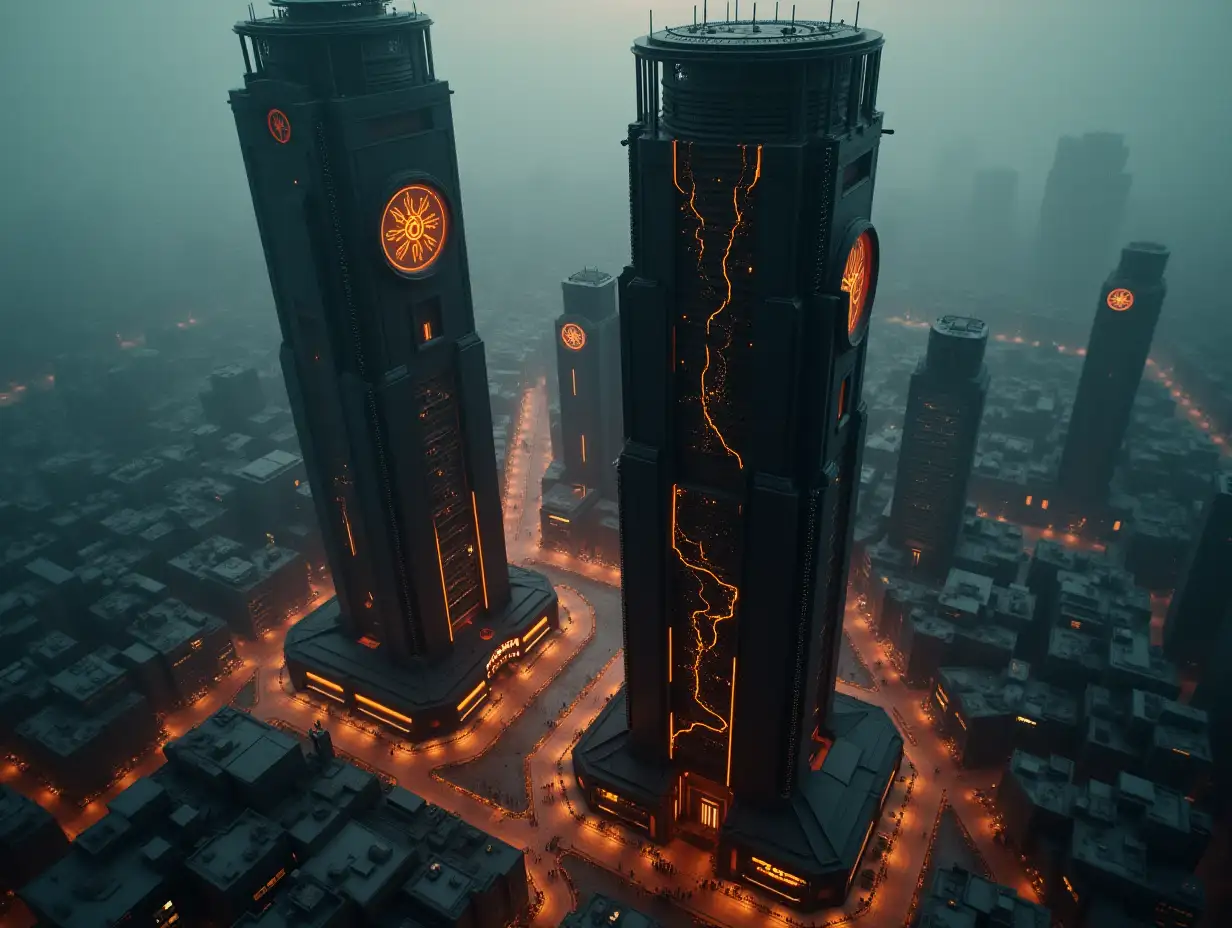 A high-angle, cinematic aerial shot of a futuristic, cyberpunk cityscape at dusk. Two dominant, dark, imposing skyscrapers stand tall in the center, their surfaces intricate with glowing orange accents that resemble circuitry or lava flows. The taller skyscraper has a circular top and visible internal structures, while the slightly shorter, wider one features a large circular emblem near its top, reminiscent of a corporate logo. Both buildings have a dark, almost black, metallic or composite material finish. The street level around the bases of these towers is bustling with tiny figures, implying activity and movement. The streets and sidewalks emit a warm, orange glow, suggesting artificial lighting or perhaps reflections from the buildings. The surrounding city is dense with similar, but smaller structures, also exhibiting dark exteriors and glowing orange details. The perspective gives a sense of vastness and density to the city. The atmosphere is hazy and filled with a sense of smog or fog, adding to the cyberpunk aesthetic. The overall color palette is dark and moody, dominated by blacks, oranges, and dark grays. The light levels are low, with the glowing elements providing the primary sources of illumination, creating a strong contrast and a dramatic ambiance. The image has a gritty, detailed texture, emphasizing the materials and weathering of the buildings. The scene is highly detailed, complex and evokes a sense of a lived-in, functioning city, rather than a pristine, utopian vision of the future. There's a subtle dystopian undercurrent to the image