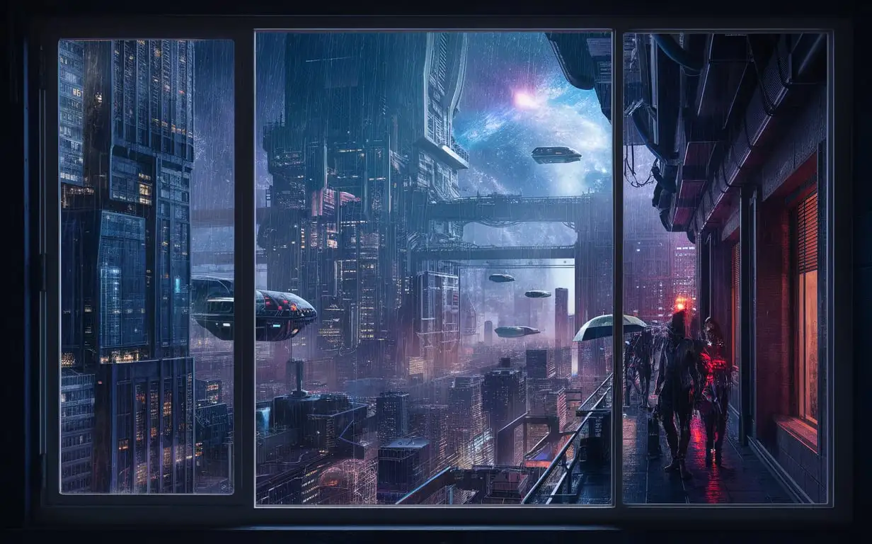 Megapolis-View-from-Apartment-Window-in-Cyberpunk-Neon-Rain