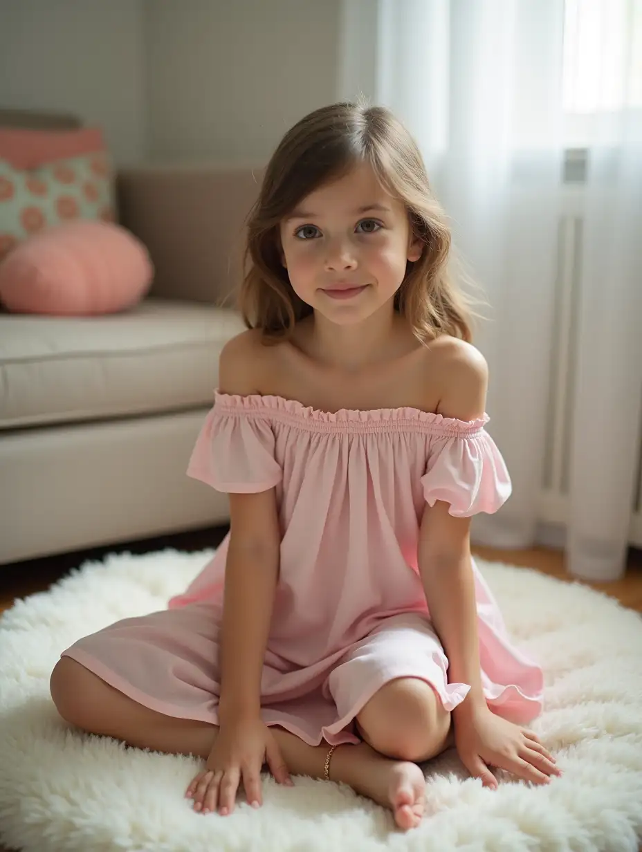 Young-Girl-in-Pastel-Summer-Dress-Sitting-on-Bedroom-Floor