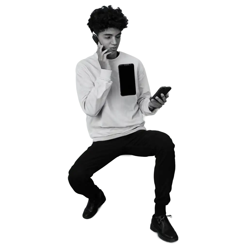 Young-Man-Watching-TikTok-on-Phone-in-Black-and-White-PNG-Image