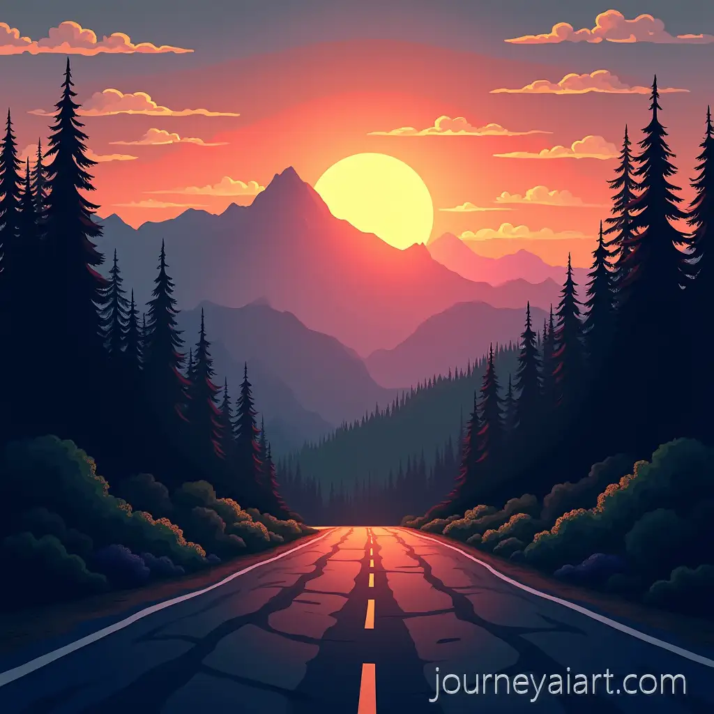 SunsetSunset-Mountain-Road-Wallpaper-Over-Mountains-with-Forest-and-Car-Road-Wallpaper