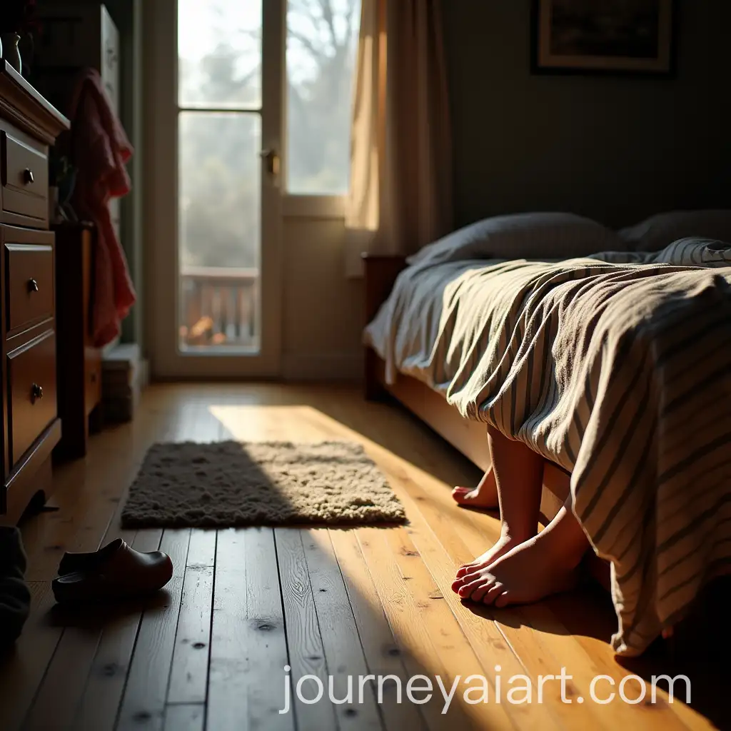 Morning-Light-Illuminating-Cozy-Sleeping-Area-with-Striped-Sheets-and-Wooden-Floor