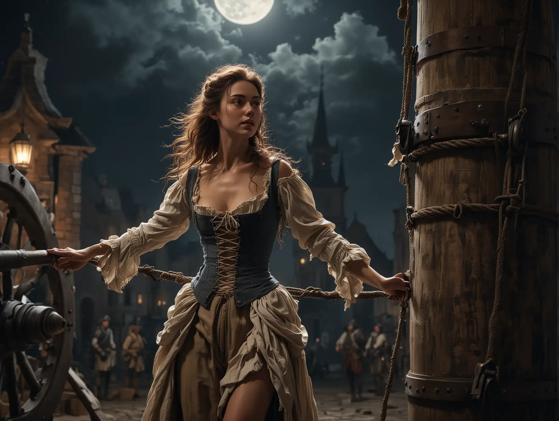 An epic and fantasy scene from 17th century featuring a gorgeous and beautiful woman with torn clothes and drooping hair is stretched on ropes between two pillars in front of the barrel of an XVII century cannon, two soldiers standing aside, outside at night, only moon light and torchrd, high-detailed, photo realistic, intricate details, cinematic view, depth of field, fujifilm xt3, raw photo, 8k uhd, film grain