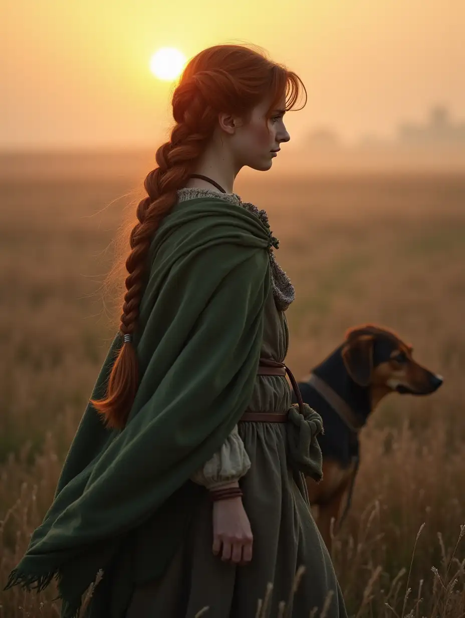 Peasant-Girl-Walking-Through-a-Misty-Field-at-Sunrise-with-Her-Dog