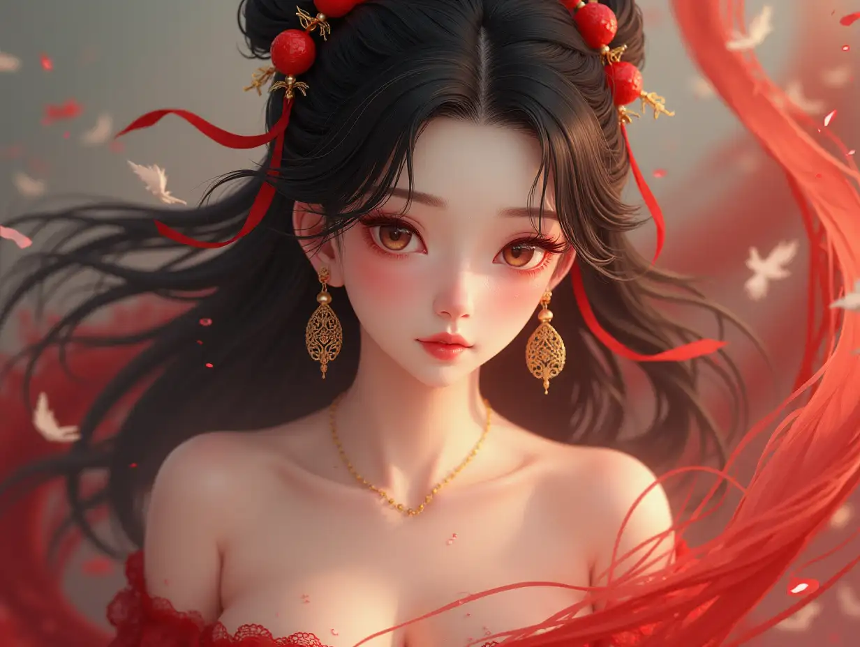 Generate an image of a sensual female figure in Chinese ancient wind style for the phrase ‘for you I would give my heart for life, for you I would shed a thousand tears’