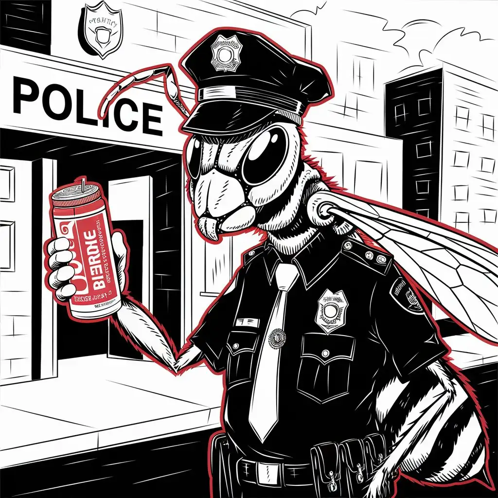 Wasp-in-Police-Uniform-Holding-Energy-Drink-in-Front-of-Police-Station