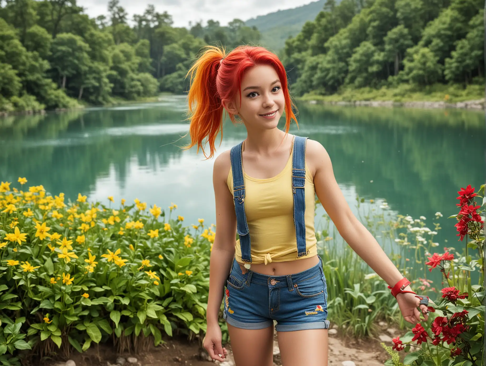 Misty, the Pokémon character, at 14 years old. She is surrounded by beautiful, vibrant nature with lush greenery, colorful flowers, and a serene lake. Misty is wearing her signature costume: a yellow tank top, red suspenders, denim shorts, and red sneakers. Her hair is tied in a side ponytail, and she has a cheerful expression, capturing her adventurous spirit.