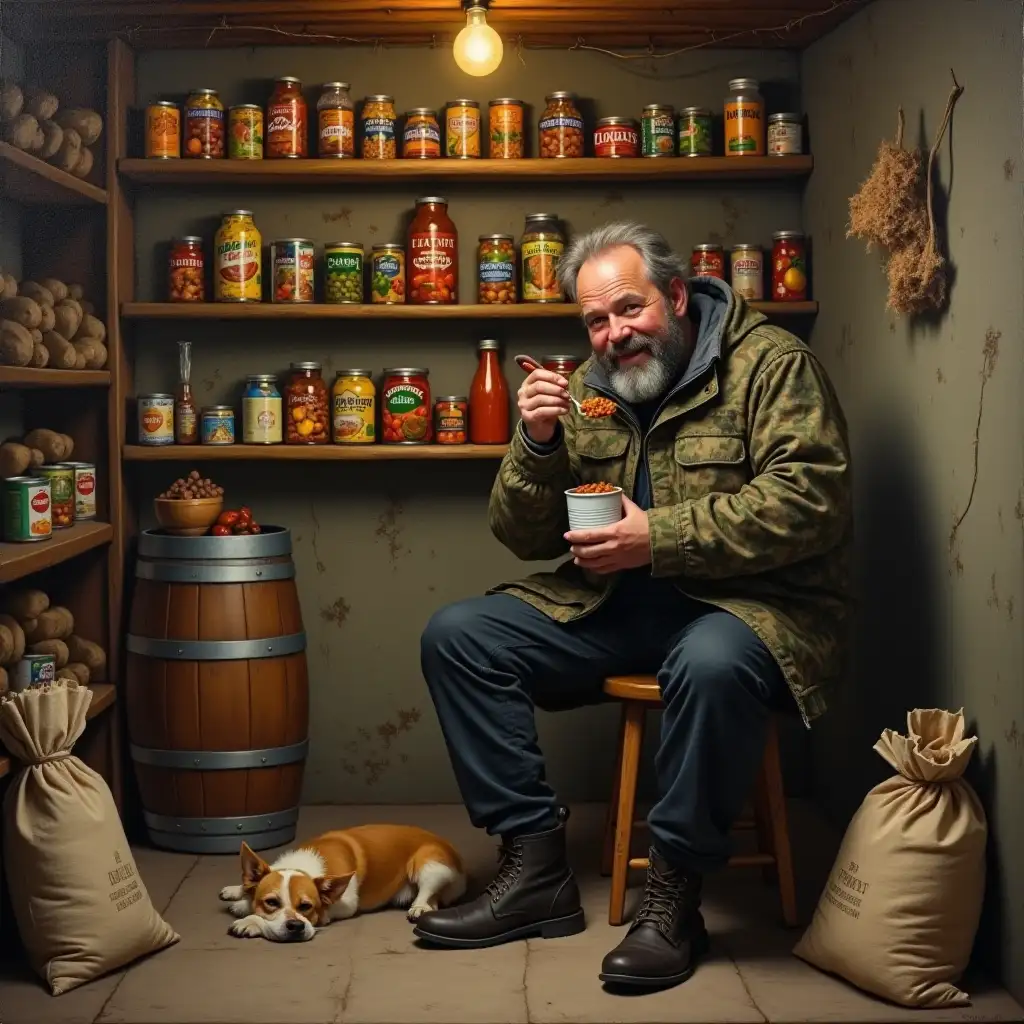 Background - cozy basement of a house. A bare light bulb hangs from the ceiling. There are many cans of canned food (meat, vegetables, and fruits) on shelves, a few bags of lentils and flour on the floor, and in the corner there are a pair of wooden barrels. A contented bearded man in camouflage, black pants and boots, is sitting on a stool, eating stew from a tin can with a spoon. There's a dog lying near him. Oil painting.