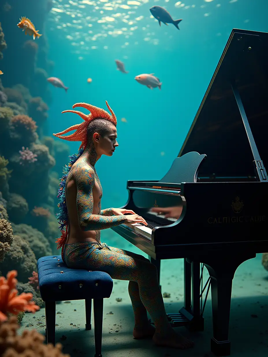 Hyperrealistic Androgynous Model Boy Playing Piano Underwater