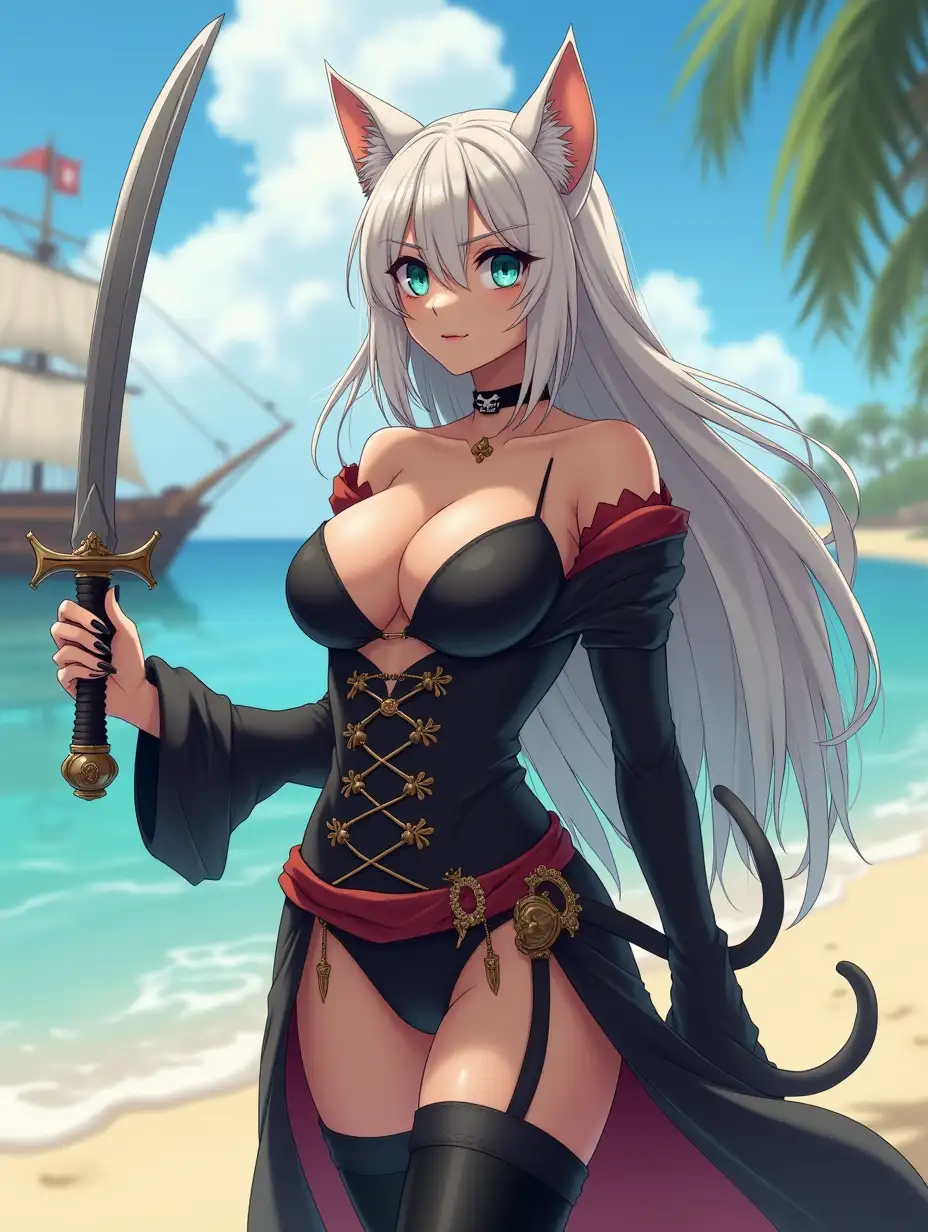 A mature adult feline/woman dressed as a pirate with a sword on a beach.  A pirate ship in the background. Her 30-something years are disguised by her youthful facial features, except for her subtle wrinkles around the eyes, extremely slender body. Her ample bosom strains against her clothing, threatening to burst free from the fabric, extreme cleavage.  Wearing black thigh high pirate boots. She has piercing blue cat eyes. A choker adorns her neck, a subtle hint at her feline nature. Her long, white hair cascades down her back like a wild waterfall, tangled and disheveled. Her cat-like teeth glint in the light, as her white fur-lined ears punctuate her visage with sparkling black and gold earring adorns each ear, adding a touch of elegance to her feline features. Cat whiskers on her face. The attached tail at the base of her spine stirs lazily.  Long fingernails. Full body view. Anime.