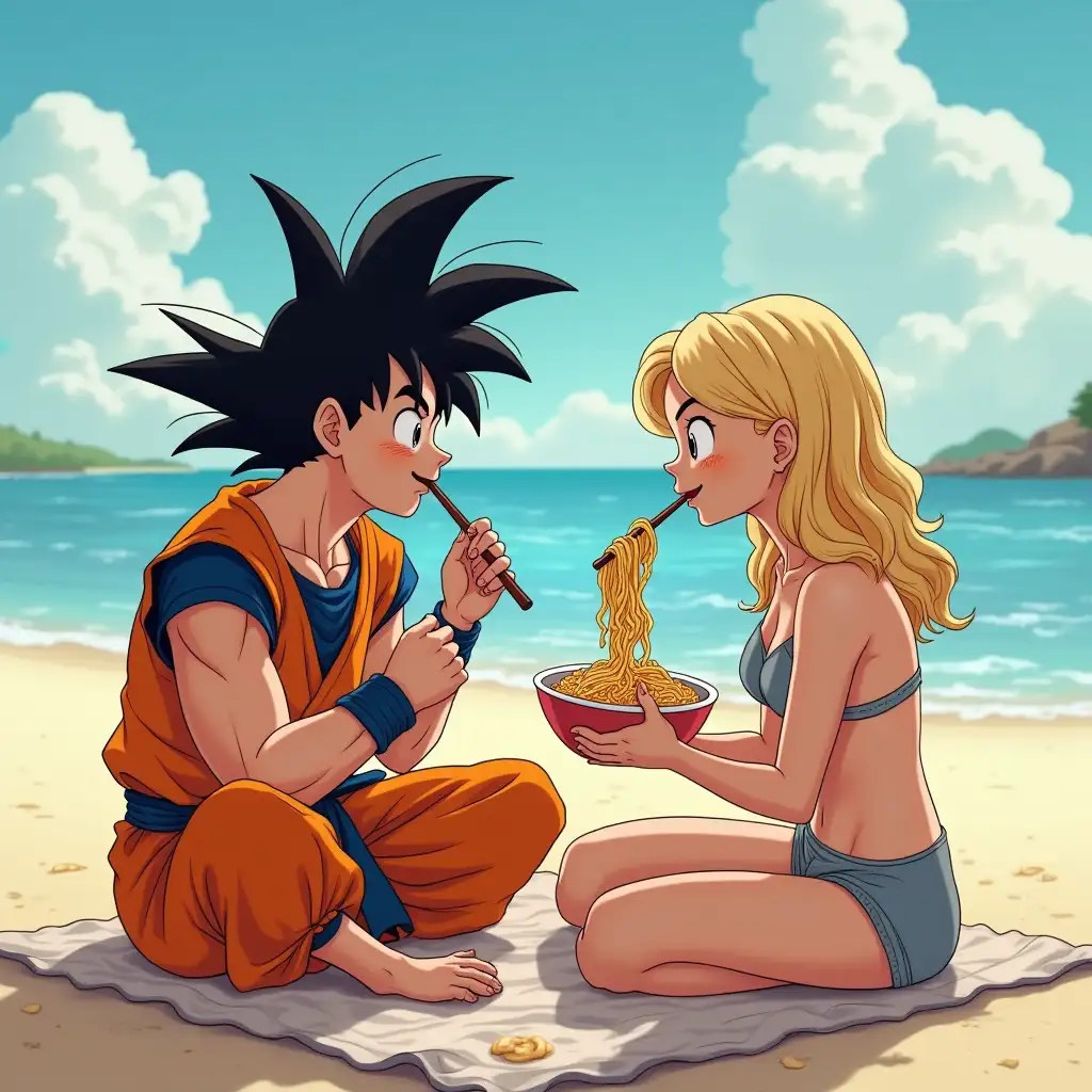 Goku eating ramen on a beach sharing with shampoo and scarlett johansson