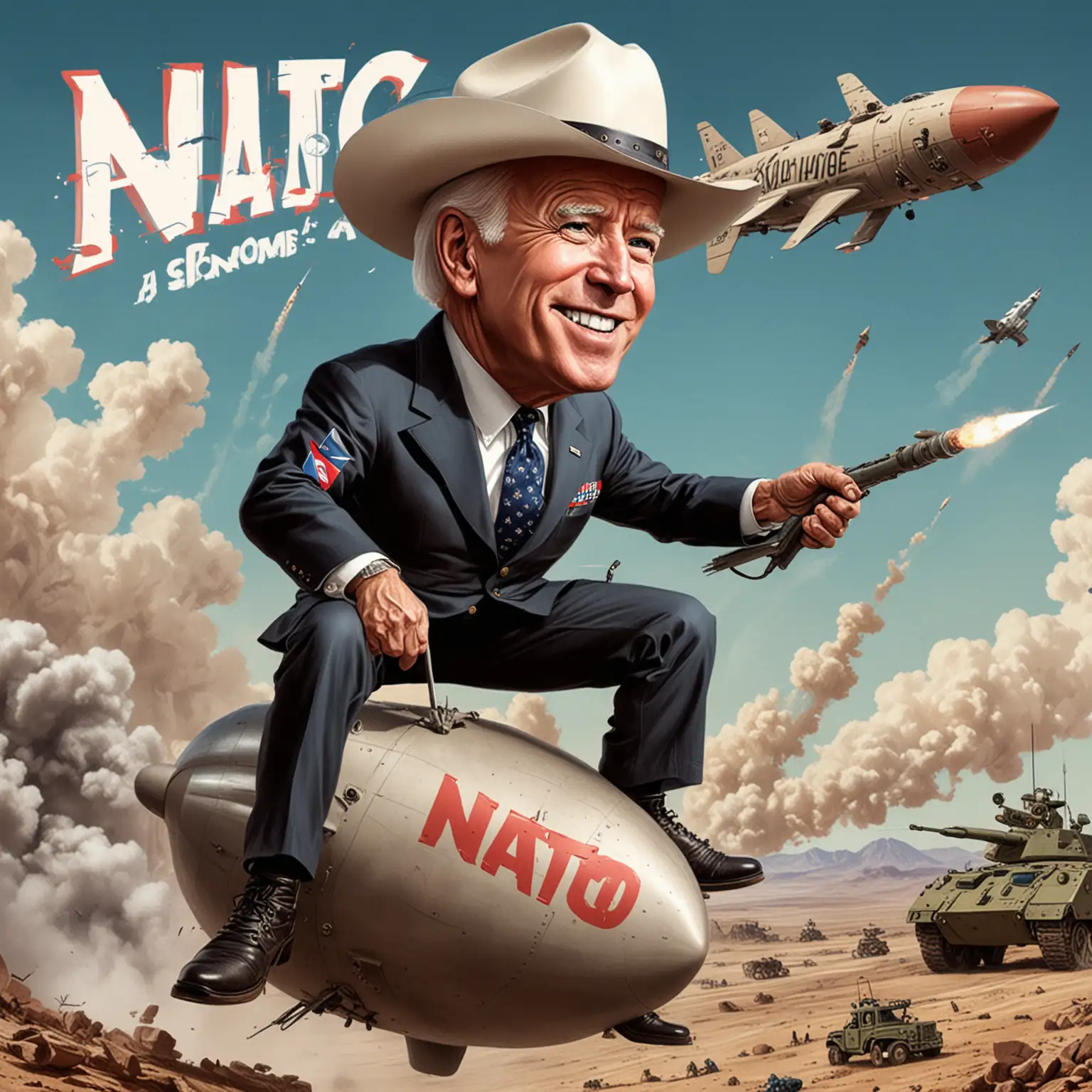 Political Satire Joe Biden Riding Missile with Cowboy Hat NATO Background