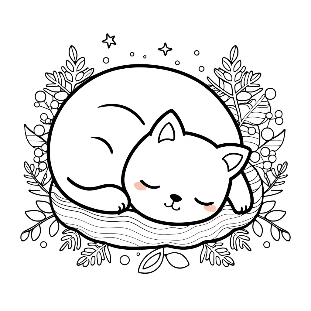 Kawaii-Animals-Sleeping-During-Christmas-Black-and-White-Coloring-Page