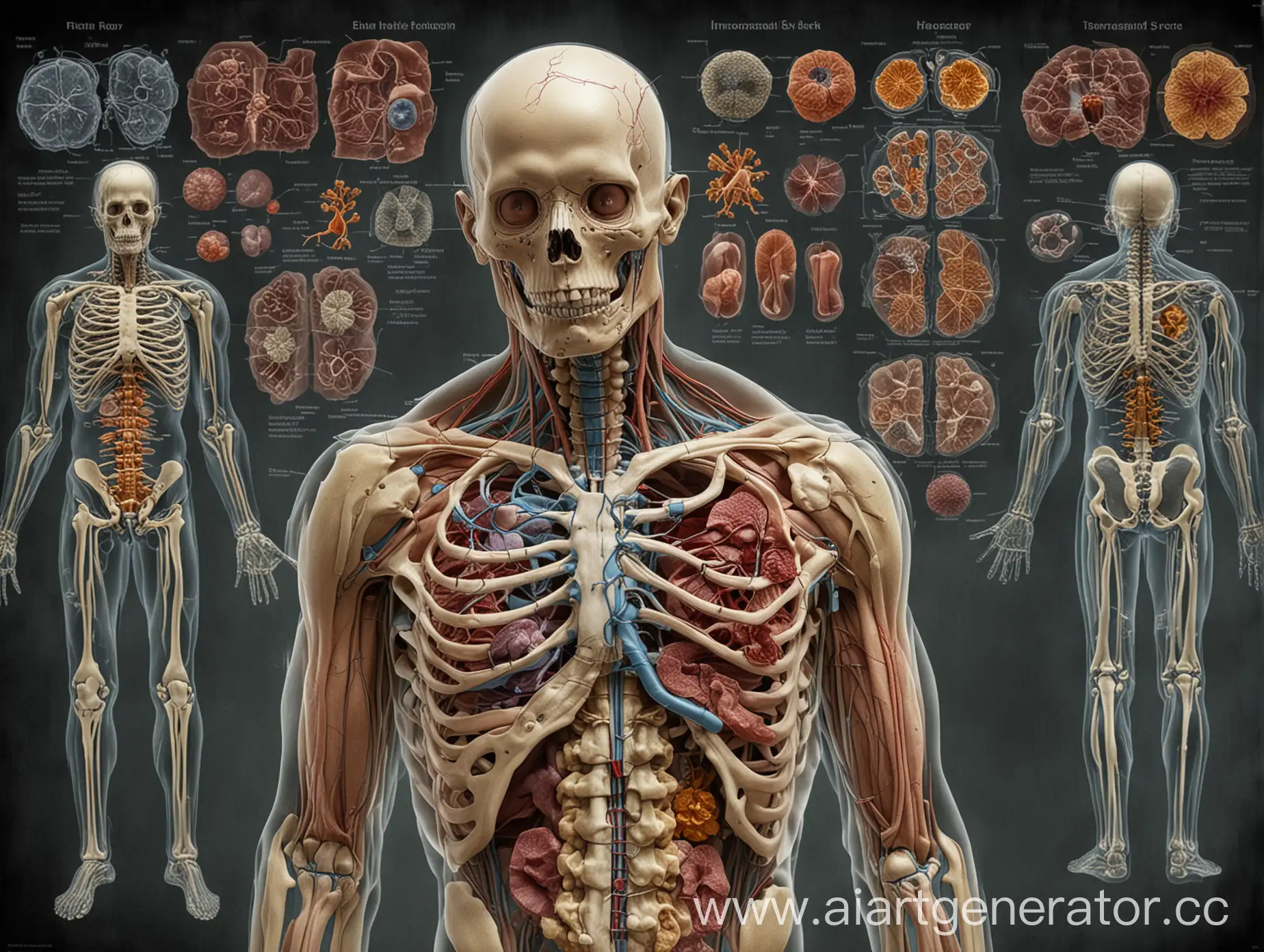 Anatomy of the entire human body, in which the immune system is photographed by X-ray and the immune system is shown in color.