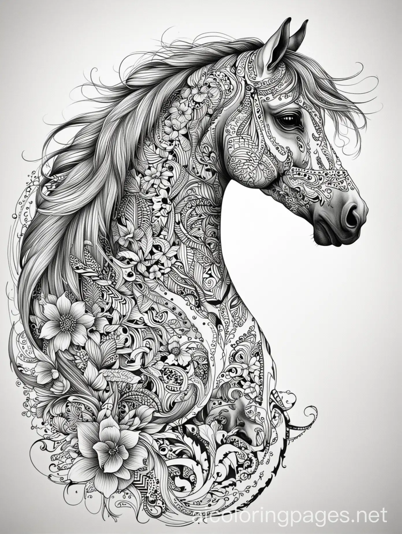 Elegant-Black-and-White-Tattoo-Design-of-an-Adorned-Horse