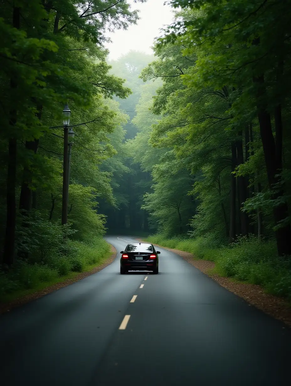 Car moving on a green forest road