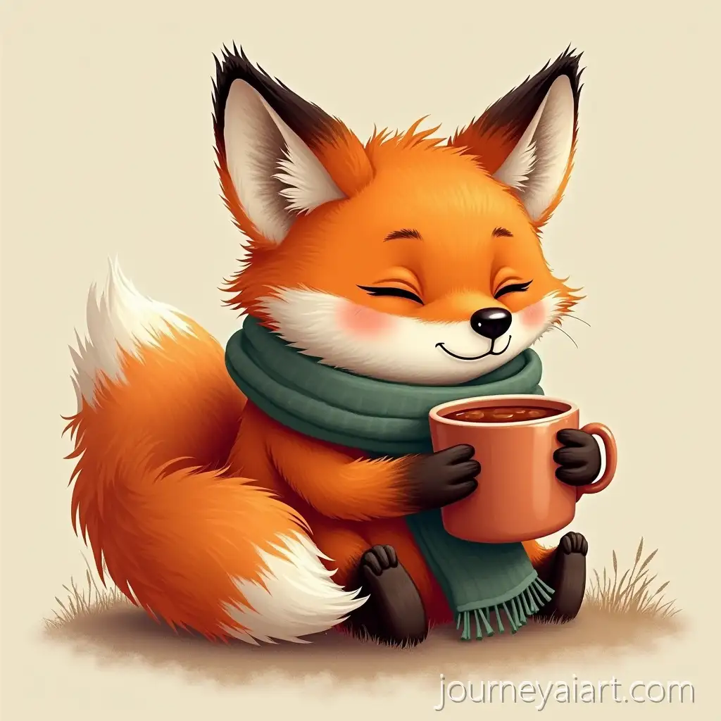 Fox-CurledFox-with-cider-scarf-Up-in-a-Cozy-Scarf-Holding-a-Cup-of-Hot-Cider
