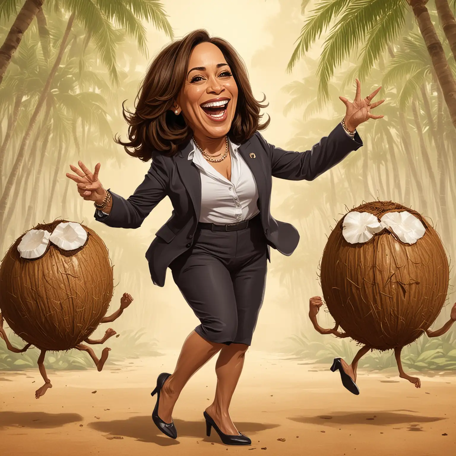 Cartoon Kamala Harris Dancing with Delicious Coconuts