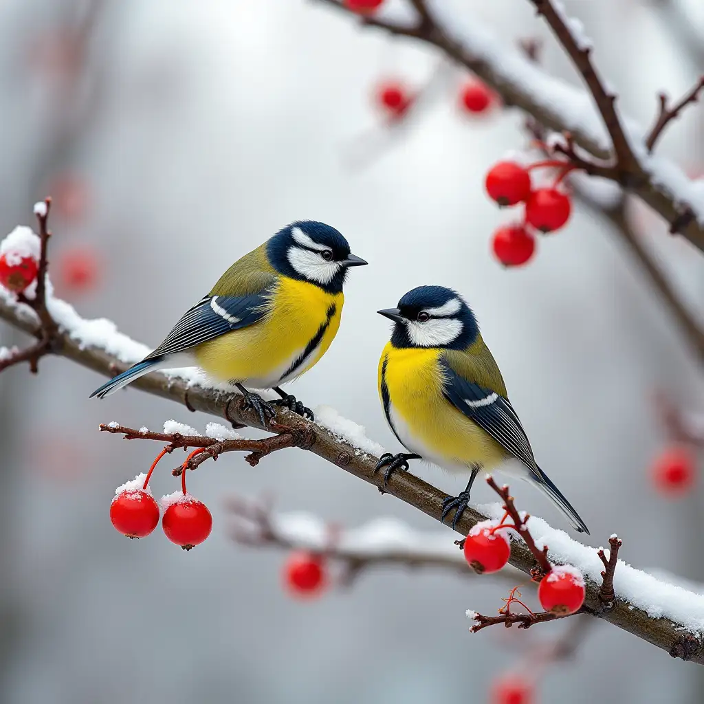 winter, birds - tits sitting on branches of red rowan