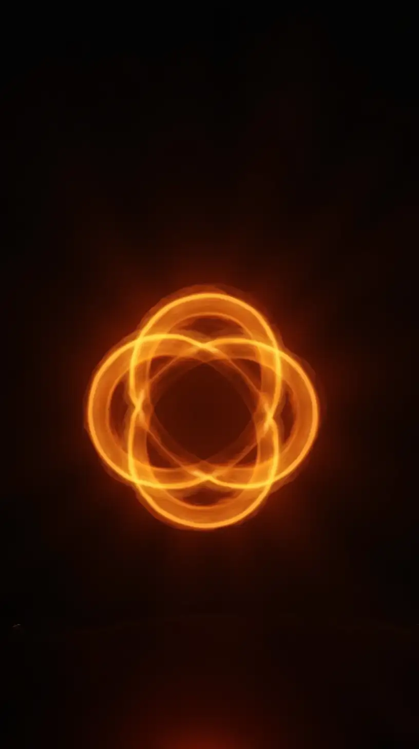 A dark, smoky studio with a black background. In the center, 6 overlapping big vibrant glowing golden loops of light in a fiery golden/. slightly red hue, slightly overlapping to create depth. 3 left and 3 on the right, hazy environment. The focus is entirely on the glowing, energetic rings, emphasizing movement and intense aesthetic.