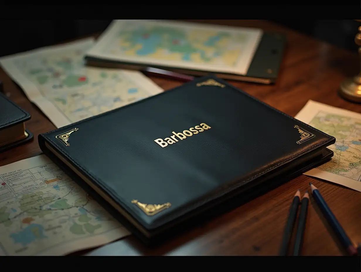 A folder codenamed 'Barbossa' lying on a table in the military headquarters. The folder has a strict and solid look, with a black leather cover and gold letters 'Barbossa' on the front side. Around the folder are documents, maps with military strategies, several pencils and folders, all neatly laid out on a wooden table. The light is dim, with a slight reflection on the surface of the table, creating an atmosphere of military secrecy and seriousness.