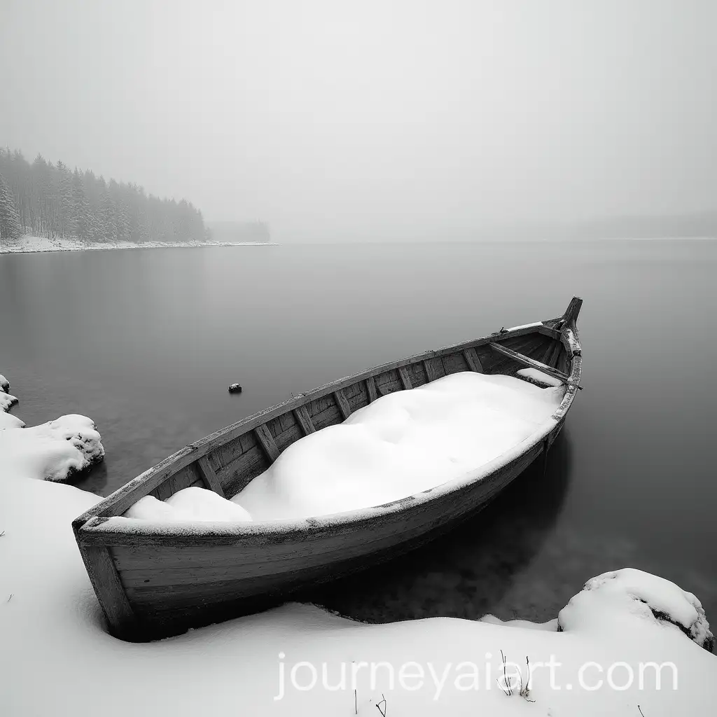 Black-and-White-Long-Exposure-Photograph-of-a-SnowCovered-Broken-Boat-on-a-Frosty-Lake