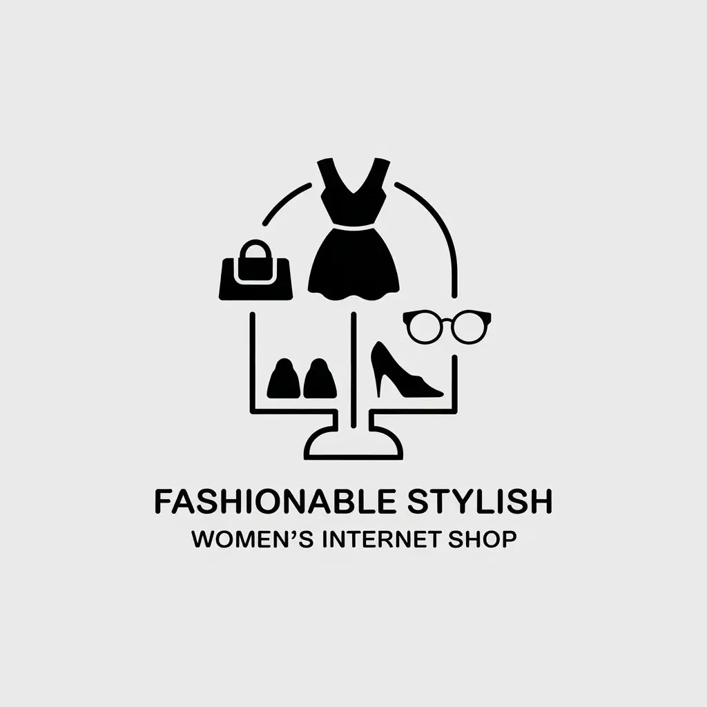 a vector logo design,with the text "Fashionable stylish women's internet shop", main symbol:Dress bag shoes glasses,Minimalistic,be used in Internet industry,clear background