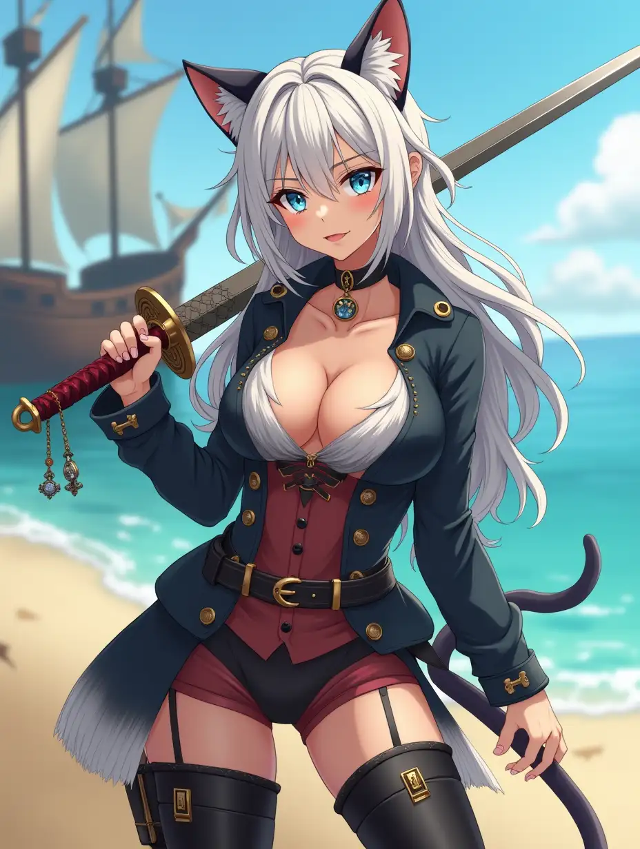 A mature adult feline/woman dressed as a pirate with a sword on a beach.  A pirate ship in the background. Her 30-something years are disguised by her youthful facial features, except for her subtle wrinkles around the eyes, extremely slender body. Her ample bosom strains against her clothing, threatening to burst free from the fabric, extreme cleavage.  Wearing black thigh high pirate boots. She has piercing blue cat eyes. A choker adorns her neck, a subtle hint at her feline nature. Her long, white hair cascades down her back like a wild waterfall, tangled and disheveled. Her cat-like teeth glint in the light, as her white fur-lined ears punctuate her visage with sparkling black and gold earring adorns each ear, adding a touch of elegance to her feline features. Cat whiskers on her face. The attached tail at the base of her spine stirs lazily.  Long fingernails. Full body view. Anime.