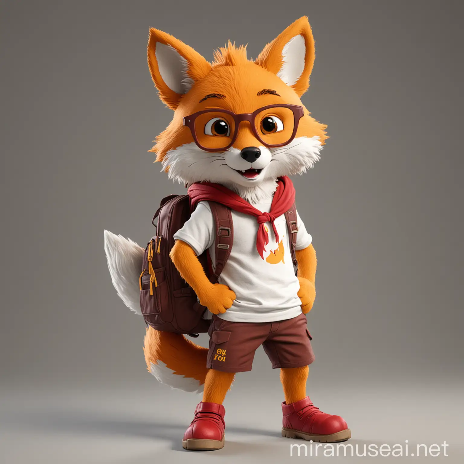 Fox Mascot Animation with TShirt Glasses and Backpack in Red and Yellow