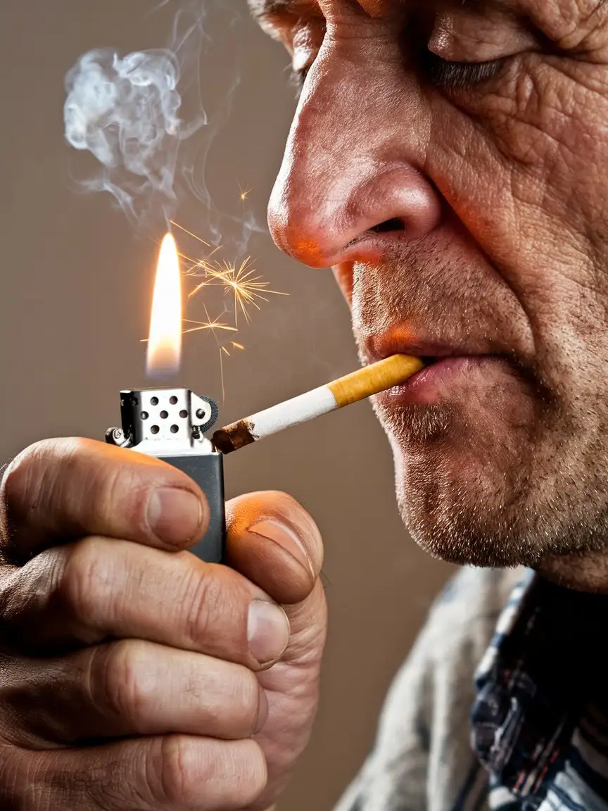 Weathered-Man-Igniting-Zippo-Lighter-with-Cigarette