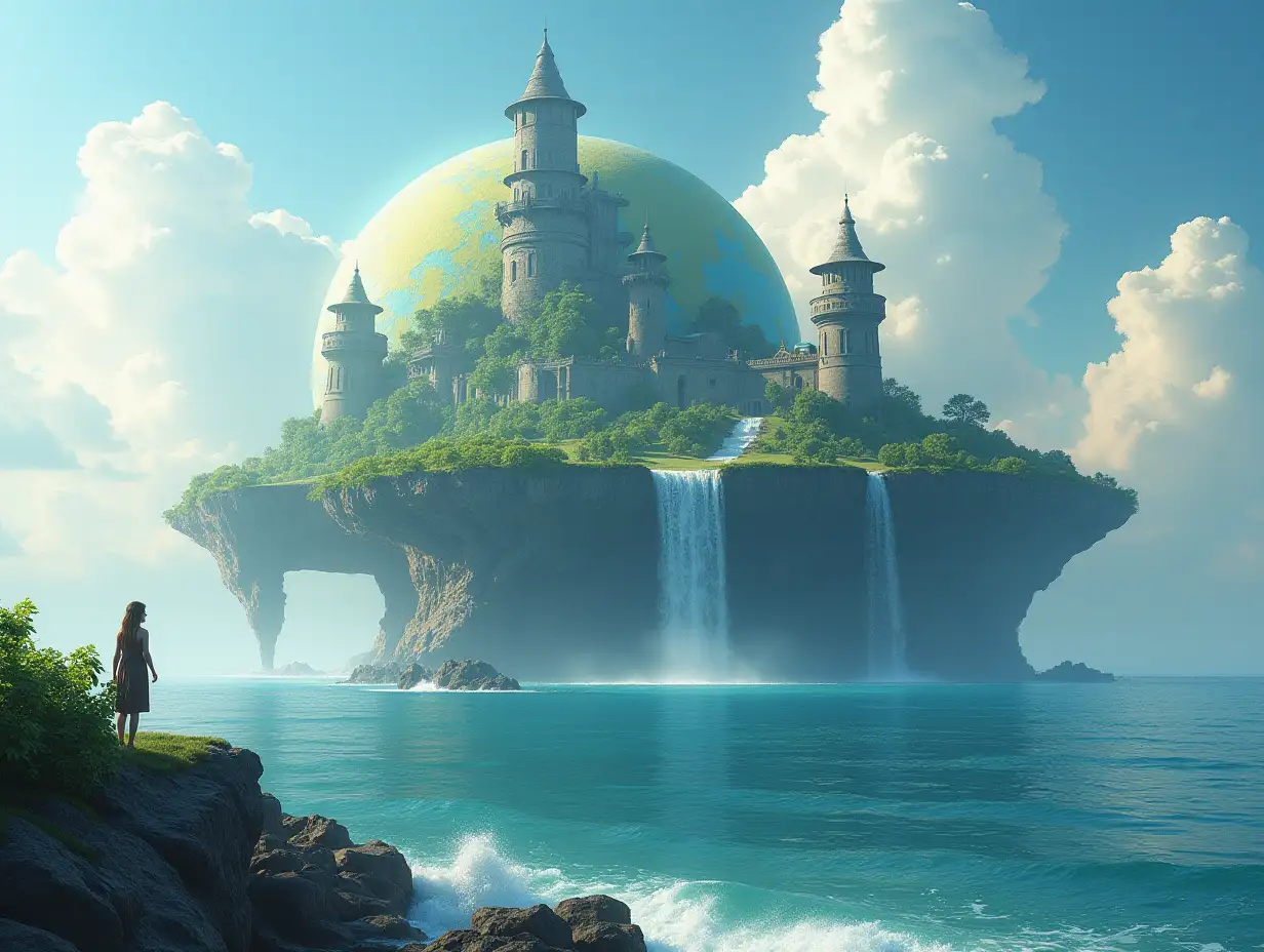 Create for me a photorealistic image of Paradise on a large planet with towers, sea and waterfalls