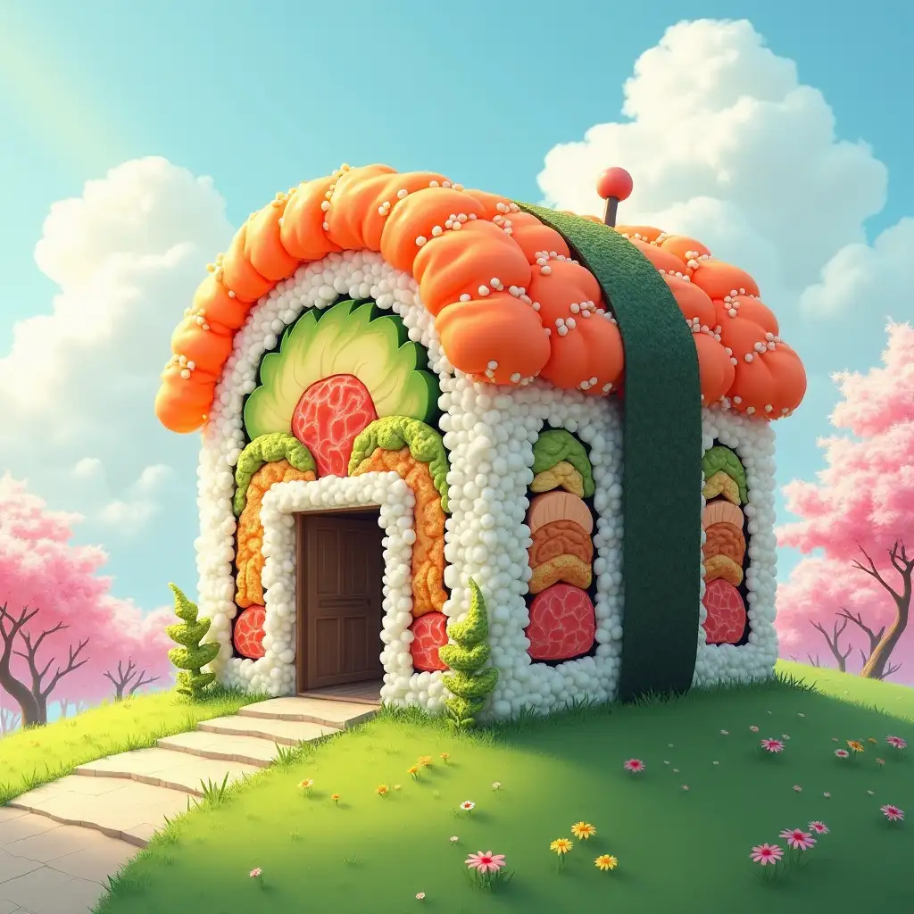 A whimsical house entirely constructed from sushi rolls, featuring vibrant layers of avocado, salmon, tuna, and sesame seeds. The roof resembles nori-wrapped sushi, while the walls showcase intricate patterns of the roll’s cross-section. The setting is serene, with fluffy, picturesque clouds floating in a pastel blue sky. A soft, golden sunlight enhances the colors and textures of the sushi materials, making them glisten. The scene captures a surreal yet inviting vibe, with the sushi house situated on a verdant, grassy hill surrounded by gentle sakura trees. The house has an entrance door, a balcony, and a parking garage.