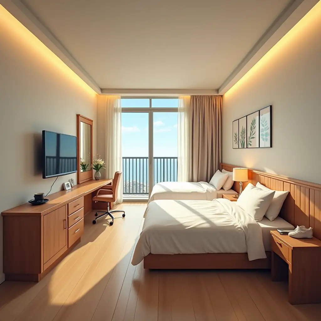 Depict a hotel room with a television, two beds, a balcony and other items in the hotel room.