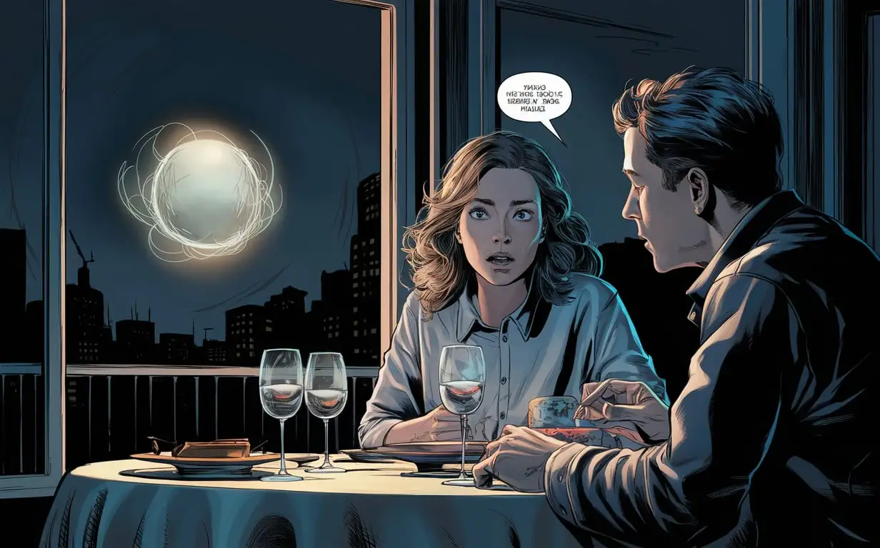 Nighttime Comic Book Drawing Couple at Table with Glowing Orb