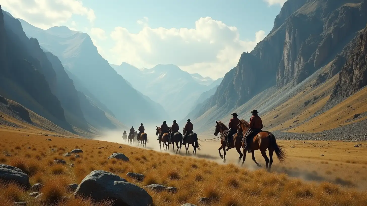 Majestic HorseDrawn Chariots Traversing a Mountain Valley