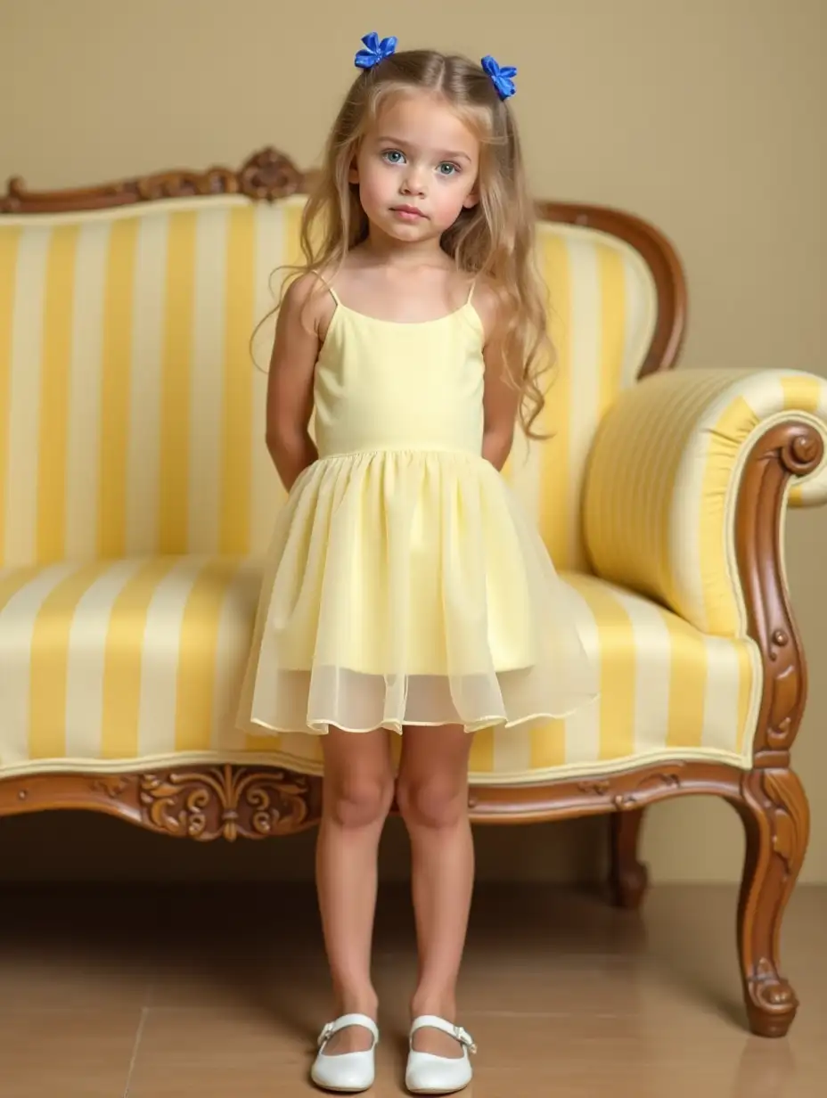 Slender-Girl-in-a-Sheer-Yellow-Minidress-Posing-by-a-Striped-Couch