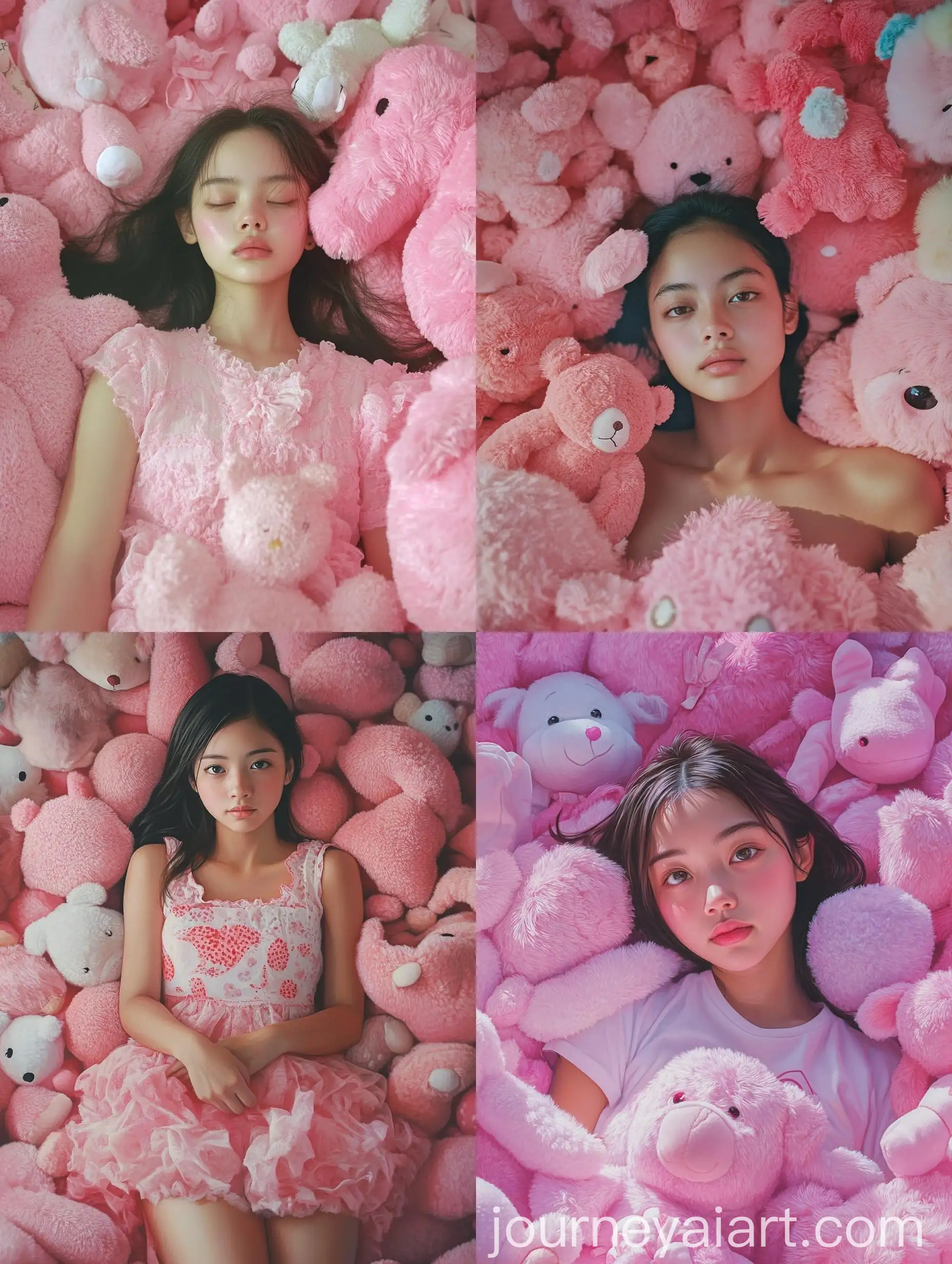 Tranquil-Young-Woman-Surrounded-by-Pink-Plush-Toys