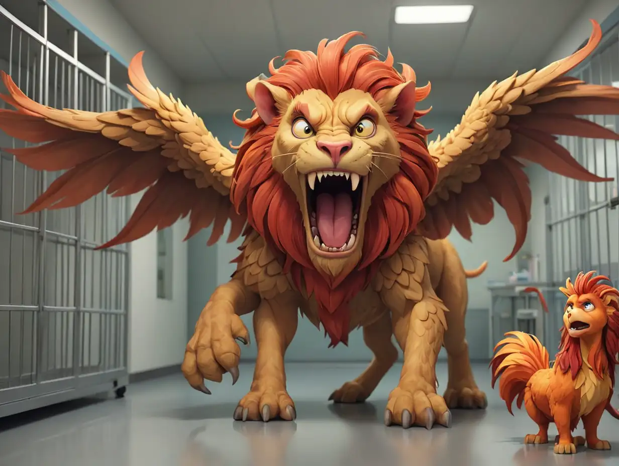 cartoon manticore, unicorn and phoenix in the vet clinic. Manticore trying to catch Phoenix, scarier unicorn trying to move Manticore from Phoenix. Animals in clinic are very scared in cages