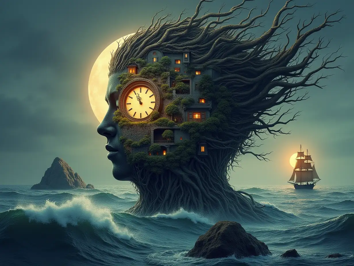 Face with hair transforms into a building with lit up clock and roots on an island with lunar eclipse sea sailing ship with large rocks and big waves