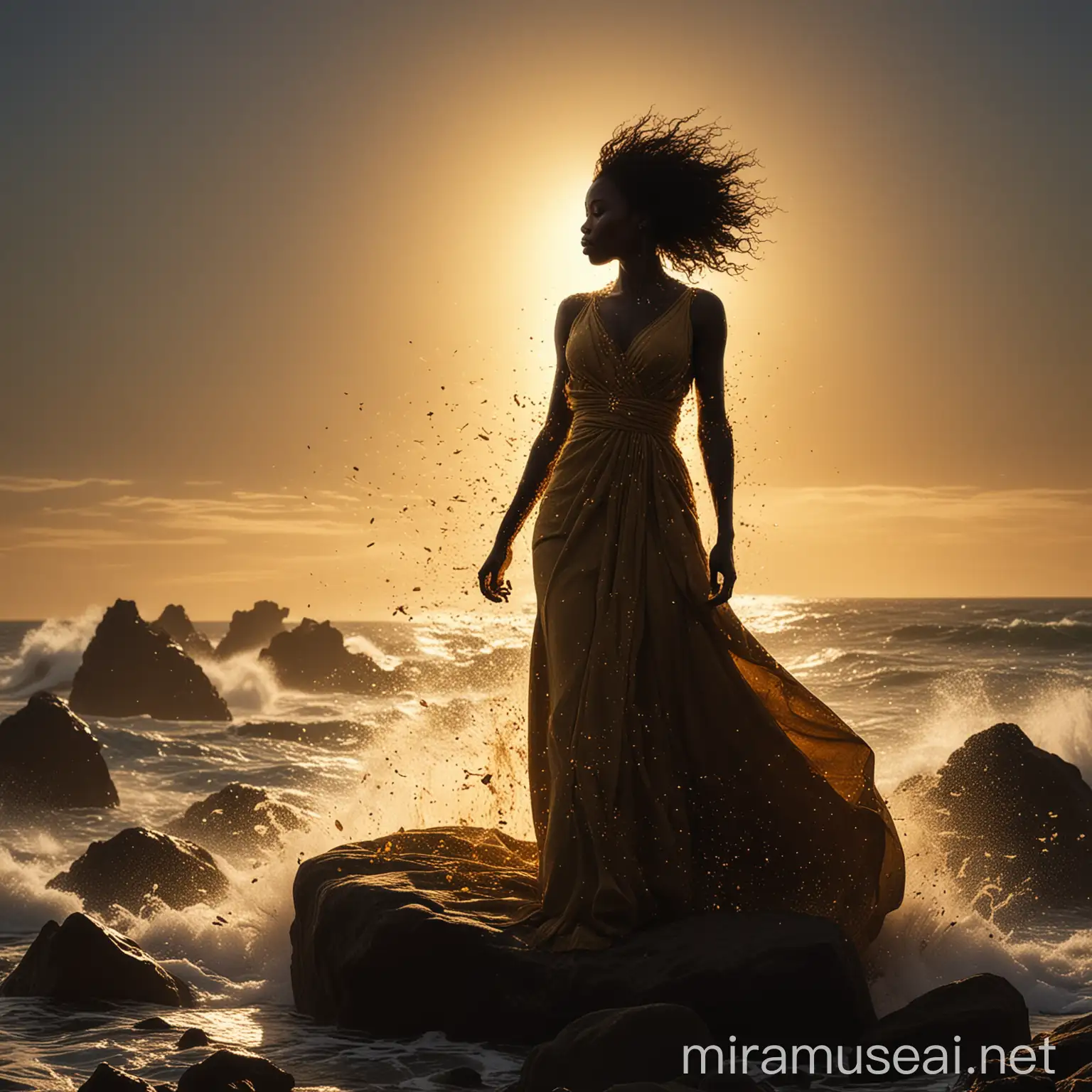 Silhouette of African Woman in Gown Standing on Ocean Boulder with Golden Light and Fierce Wind