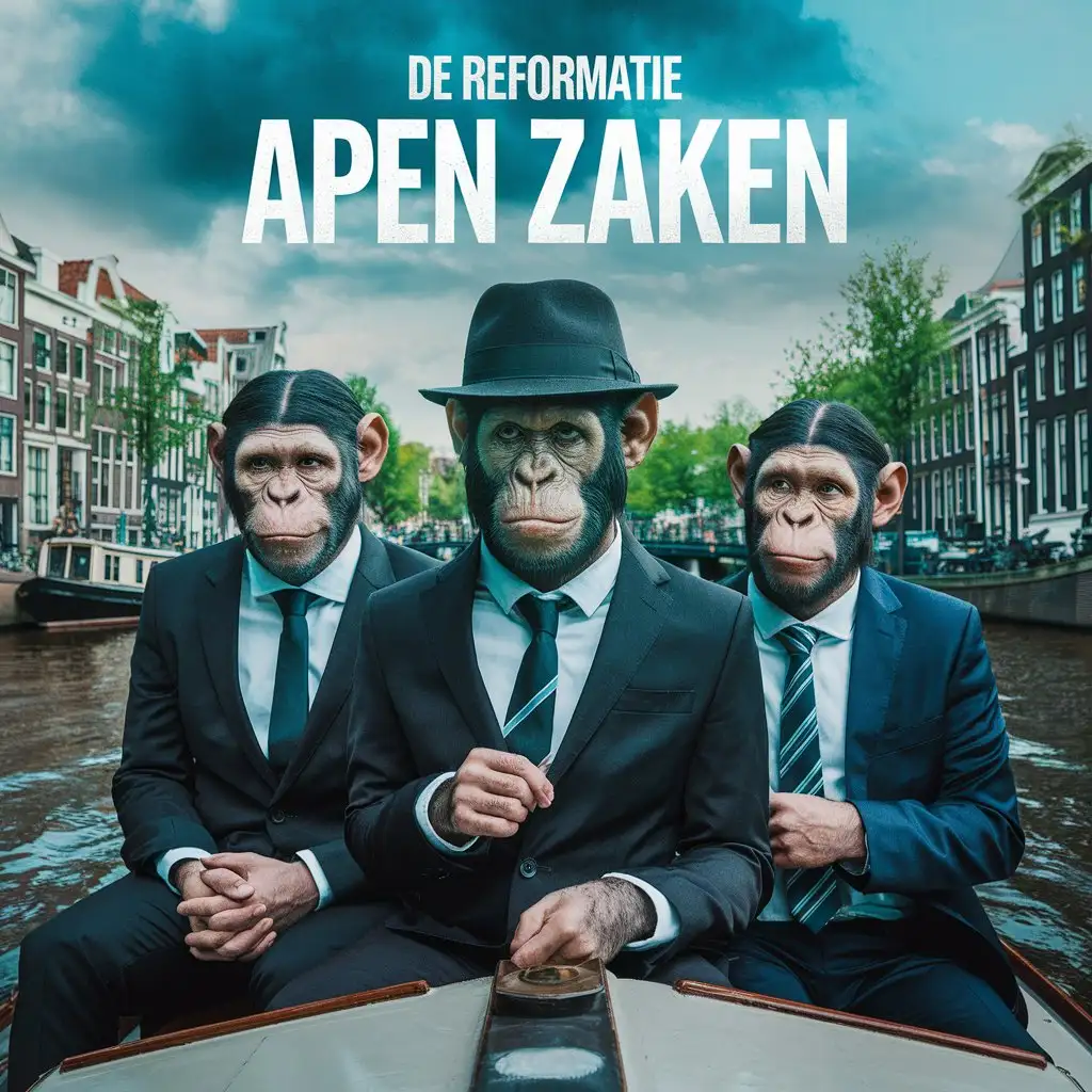 Three Apes in Suits with Fedora Hat on Amsterdam Canal Boat