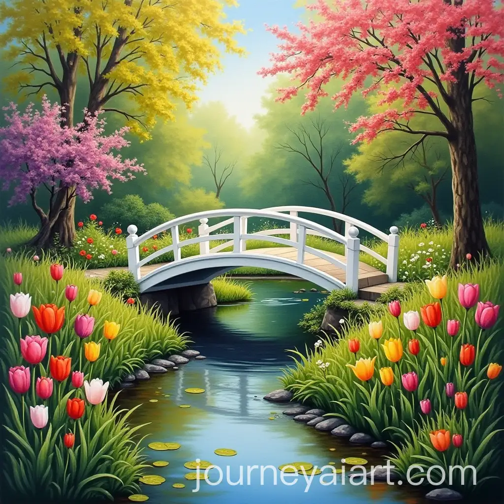 Serene-Garden-Scene-withAI-Image-Expansion-White-Arched-Bridge-and-Vibrant-Tulips