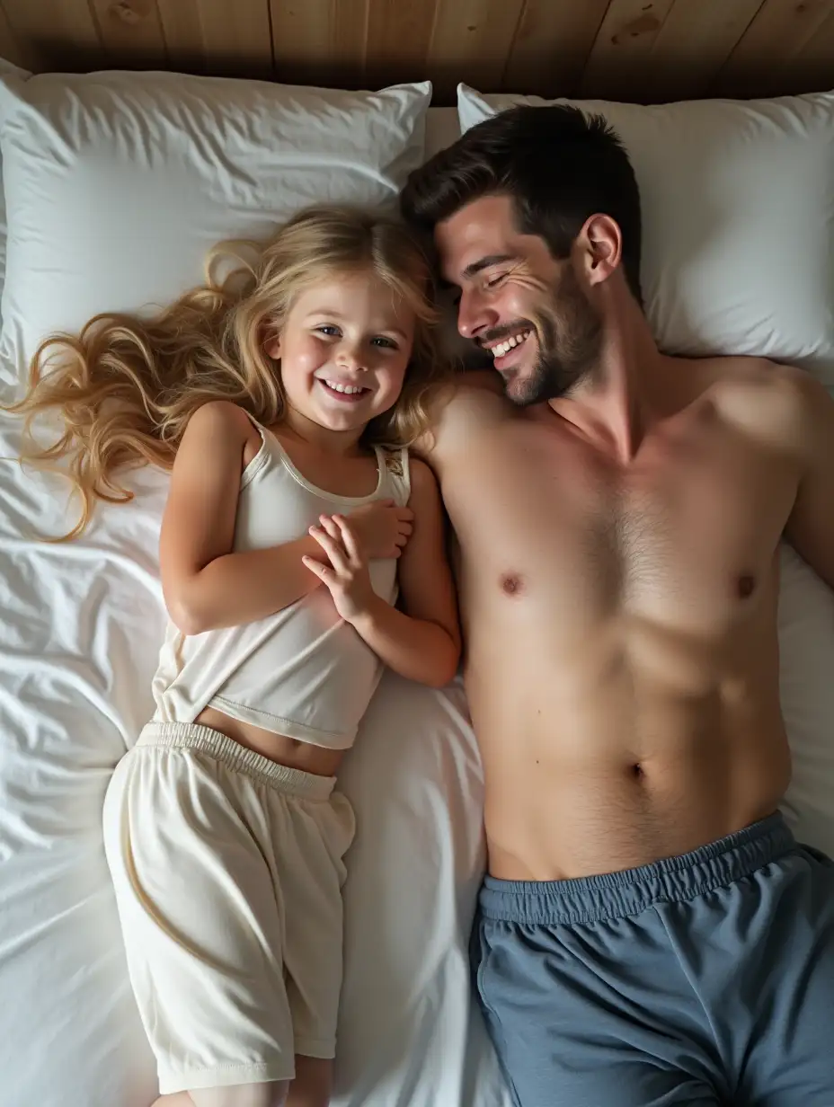 adorable eight year old girl with long blonde hair in bare midriff top snuggling on her bed with her father wearing blue pajama shorts view from above