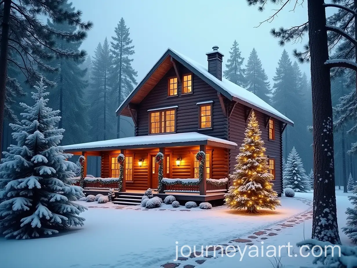 Christmas-Themed-TwoStory-Wooden-House-in-a-Snowy-Pine-Forest
