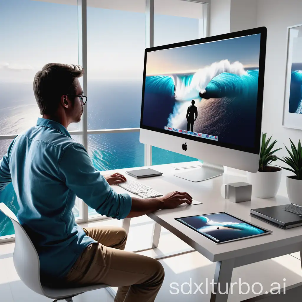 Graphic designer working with a 27-inch iMac with his back to the viewer, home office, ocean view from the 100th floor of a building